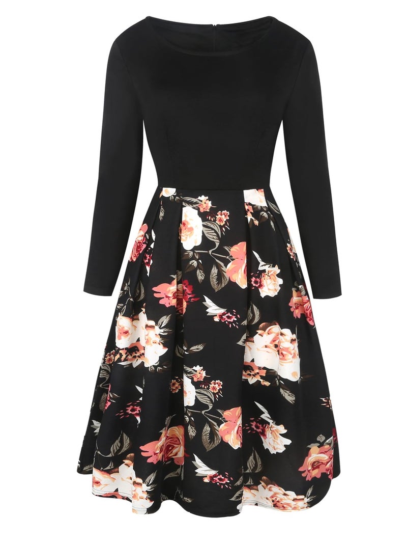 oxiuly Women's Vintage Patchwork Pockets Puffy Swing Casual Party Dress OX165 (Black-MDF9, m) - Image 4
